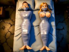 Bound and Watched: Vicious Femdom Revenge on Cheating Couple – Gagged AI Overhead 3D cartoon view of a shocked man and wide-eyed woman wrapped tightly in shiny silver duct tape mummies side-by-side on a bed, both tape-gagged, with the woman's large breasts exposed and taped.
