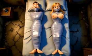 Bound and Watched: Vicious Femdom Revenge on Cheating Couple – Gagged AI Overhead 3D cartoon view of a shocked man and wide-eyed woman wrapped tightly in shiny silver duct tape mummies side-by-side on a bed, both tape-gagged, with the woman's large breasts exposed and taped.