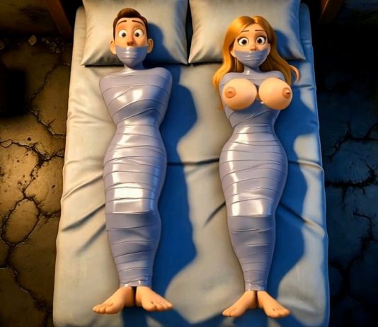 Bound and Watched: Vicious Femdom Revenge on Cheating Couple – Gagged AI Overhead 3D cartoon view of a shocked man and wide-eyed woman wrapped tightly in shiny silver duct tape mummies side-by-side on a bed, both tape-gagged, with the woman's large breasts exposed and taped.