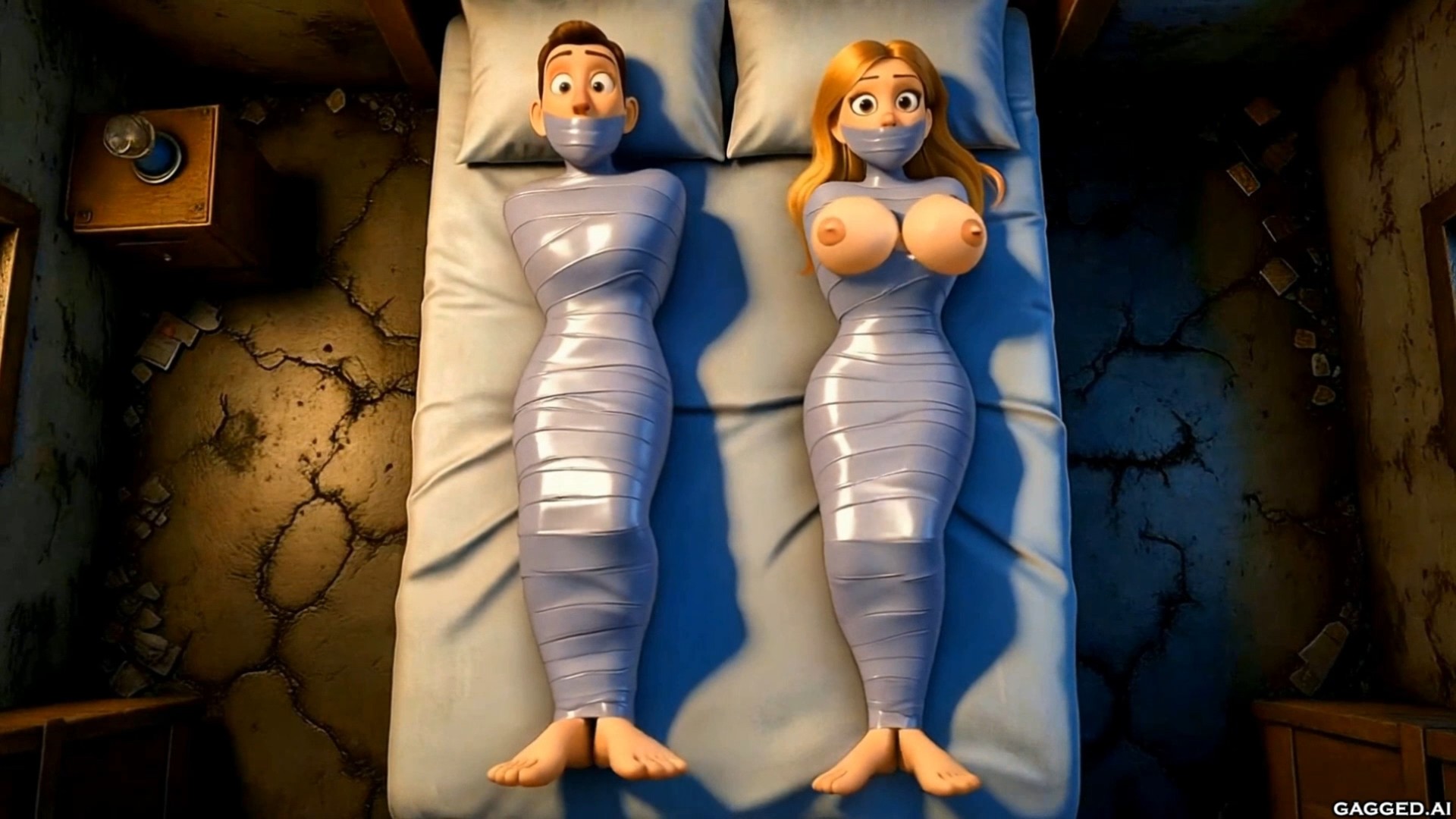 Overhead 3D cartoon view of a shocked man and wide-eyed woman wrapped tightly in shiny silver duct tape mummies side-by-side on a bed, both tape-gagged, with the woman's large breasts exposed and taped.