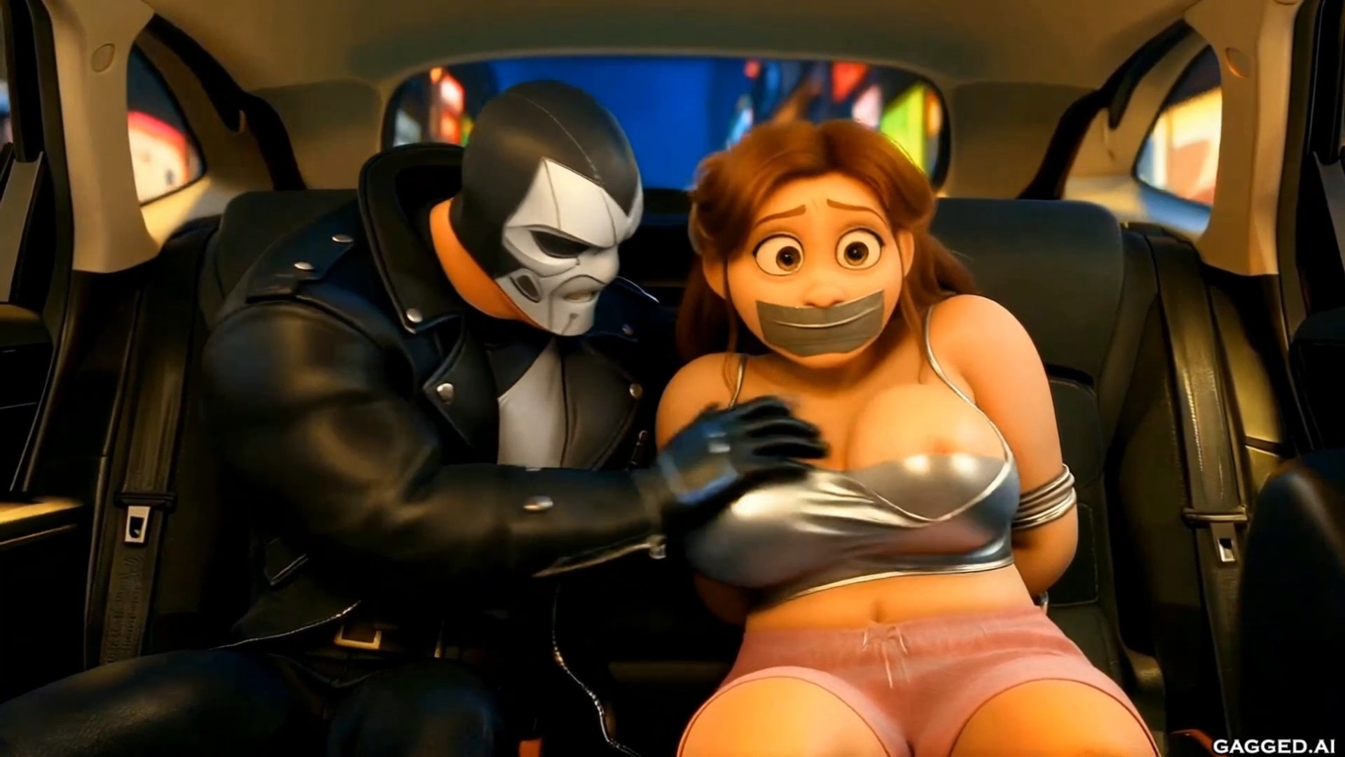 3D cartoon view of a masked leather-clad man groping the breast of a tape-gagged brunette woman with arms tied, sitting in a dimly lit car backseat.