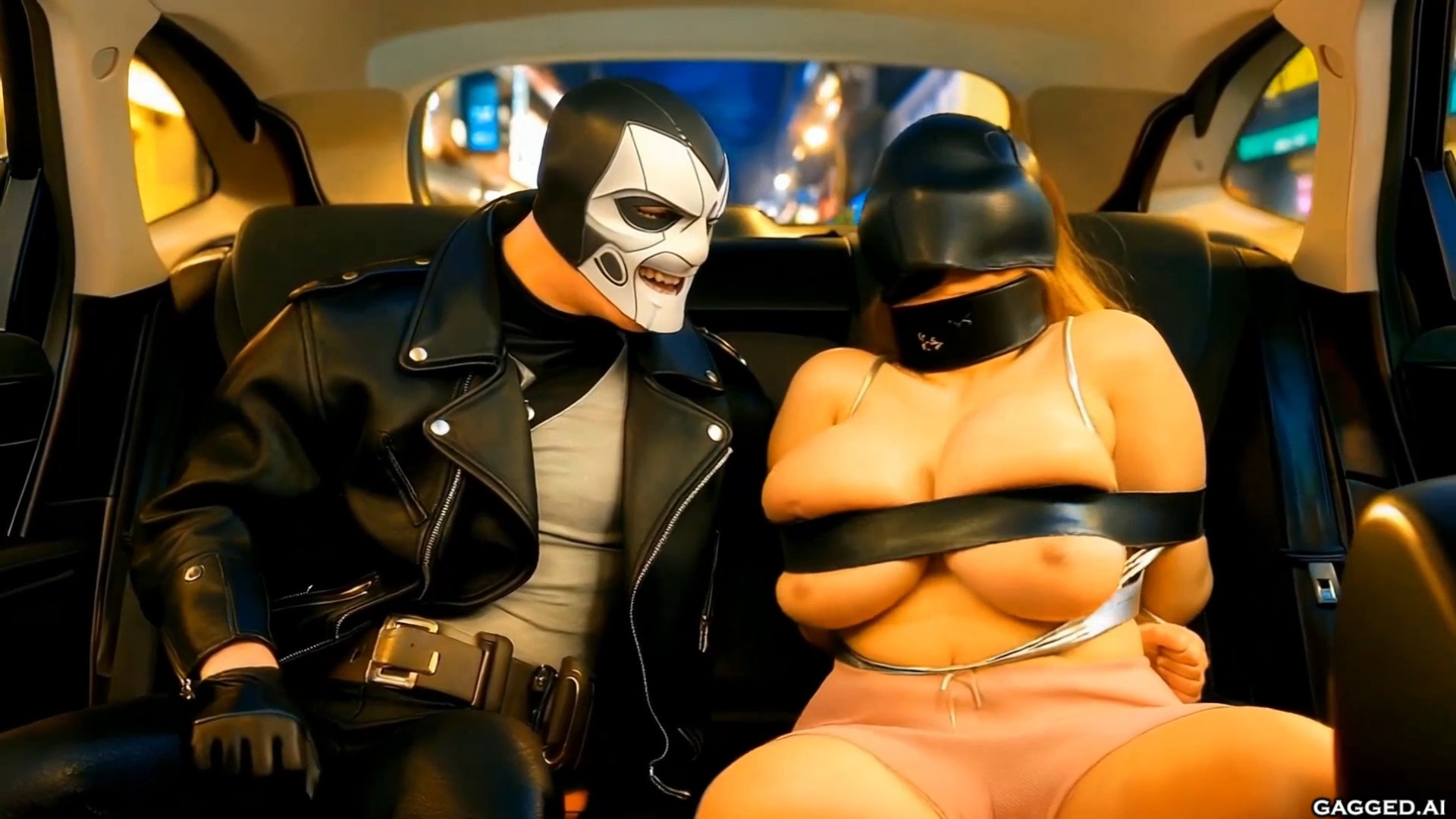 3D cartoon scene of a grinning masked villain in a leather jacket sitting beside a hooded and collared woman with her bare breasts tightly bound by a black belt in a car's backseat during a nighttime drive.