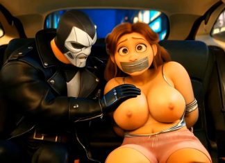 Tinder Date Gone Wrong: Busty Kaycee’s Bound and Gagged Thrill Ride – Gagged AI 3D cartoon illustration of a masked villain in a leather jacket groping the exposed breast of a tape-gagged brunette woman with arms bound and shiny top pulled down in a dimly lit car backseat at night.