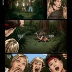 Illustrated panel from the BDSM comic "Jungle Safari To Hell," showing young tourists Jessica and Sara in scenes of jungle capture, bondage, gagging, tribal domination, fire ant attacks, degrading rituals, and relentless physical/mental torment in a savage wilderness setting.