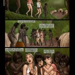 Illustrated panel from the BDSM comic "Jungle Safari To Hell," showing young tourists Jessica and Sara in scenes of jungle capture, bondage, gagging, tribal domination, fire ant attacks, degrading rituals, and relentless physical/mental torment in a savage wilderness setting.