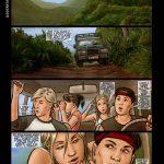 Illustrated panel from the BDSM comic "Jungle Safari To Hell," showing young tourists Jessica and Sara in scenes of jungle capture, bondage, gagging, tribal domination, fire ant attacks, degrading rituals, and relentless physical/mental torment in a savage wilderness setting.