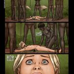Illustrated panel from the BDSM comic "Jungle Safari To Hell," showing young tourists Jessica and Sara in scenes of jungle capture, bondage, gagging, tribal domination, fire ant attacks, degrading rituals, and relentless physical/mental torment in a savage wilderness setting.