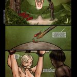 Illustrated panel from the BDSM comic "Jungle Safari To Hell," showing young tourists Jessica and Sara in scenes of jungle capture, bondage, gagging, tribal domination, fire ant attacks, degrading rituals, and relentless physical/mental torment in a savage wilderness setting.