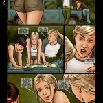 Illustrated panel from the BDSM comic "Jungle Safari To Hell," showing young tourists Jessica and Sara in scenes of jungle capture, bondage, gagging, tribal domination, fire ant attacks, degrading rituals, and relentless physical/mental torment in a savage wilderness setting.