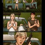 Illustrated panel from the BDSM comic "Jungle Safari To Hell," showing young tourists Jessica and Sara in scenes of jungle capture, bondage, gagging, tribal domination, fire ant attacks, degrading rituals, and relentless physical/mental torment in a savage wilderness setting.