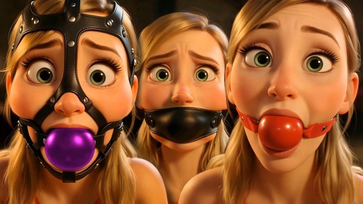 Official C4S preview composition — three Olivias showing purple harness, black seal, and red ball gags