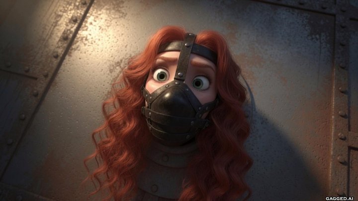 Redhead locked in a leather muzzle gag harness with her head through a metal wall