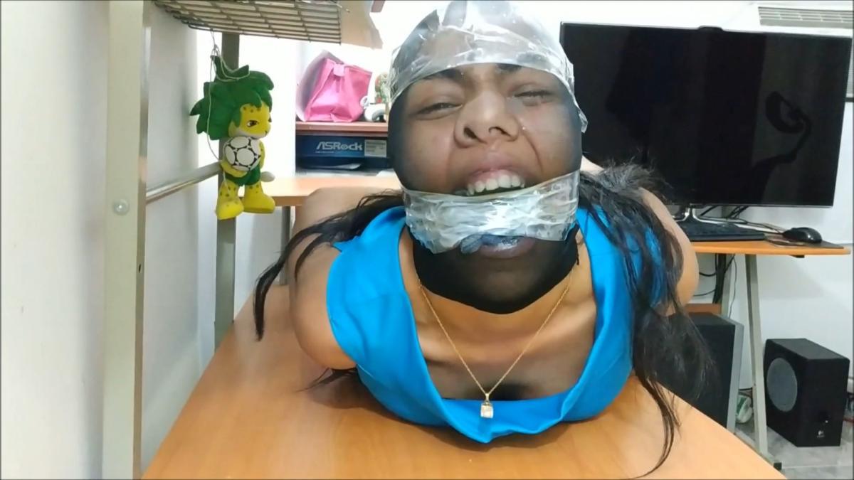 Pantyhose encased girl hogtied for lesbian bondage spitting