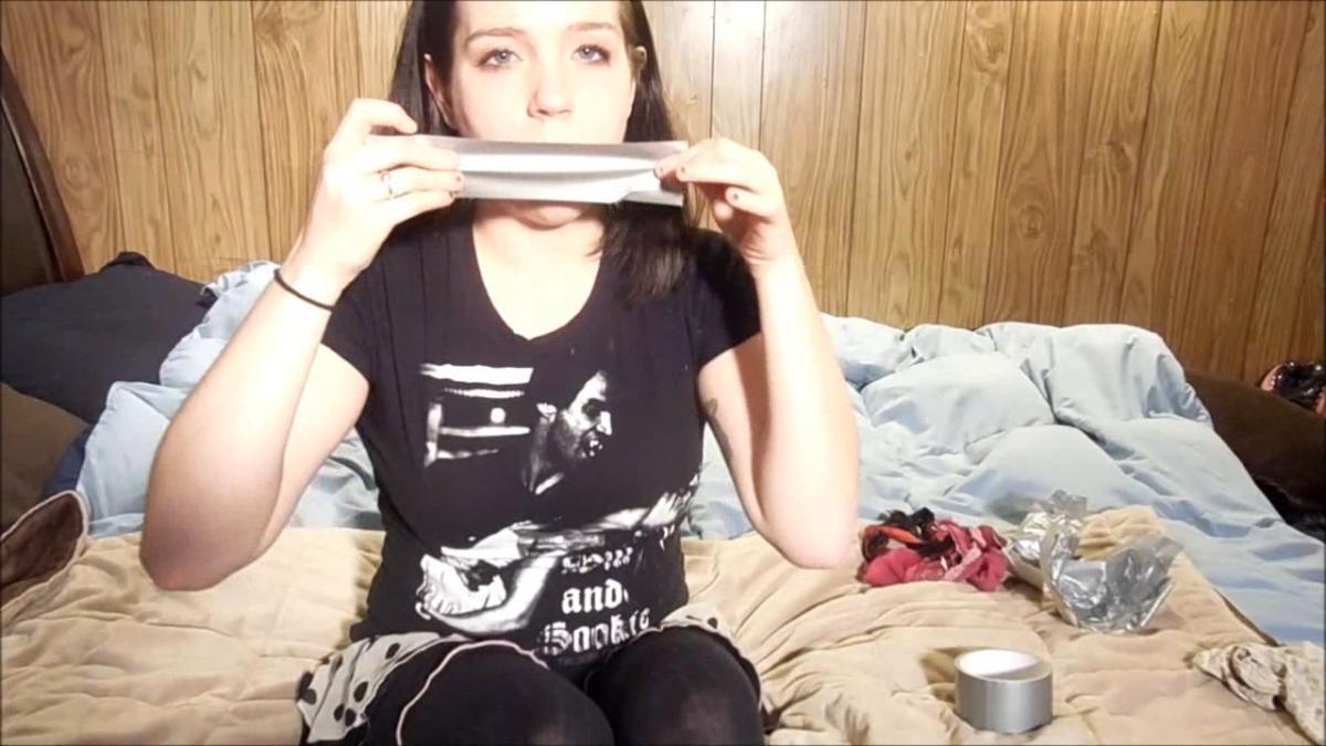 Girl gagged with dirty panties and duct tape