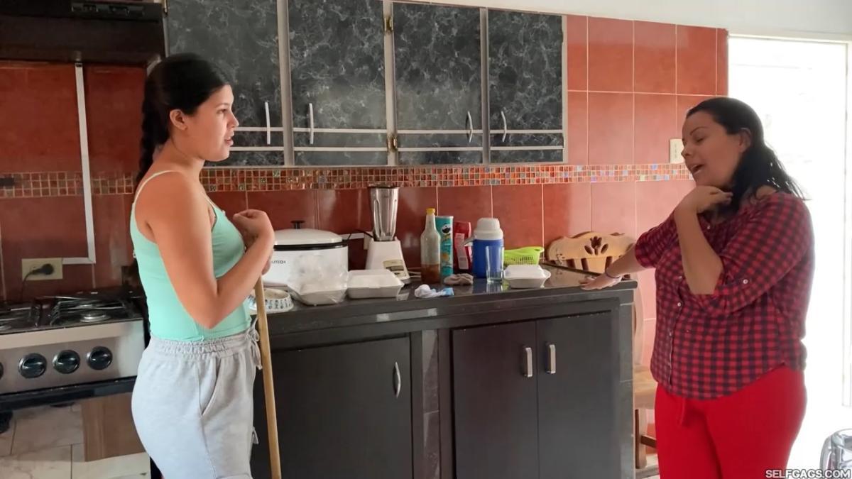 Cleaning girl used as bondage slave by MILF boss