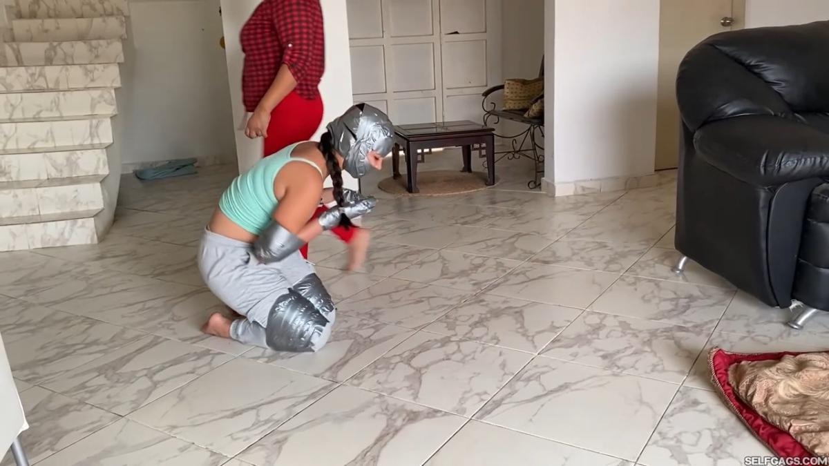 Cleaning girl used as bondage slave by MILF boss