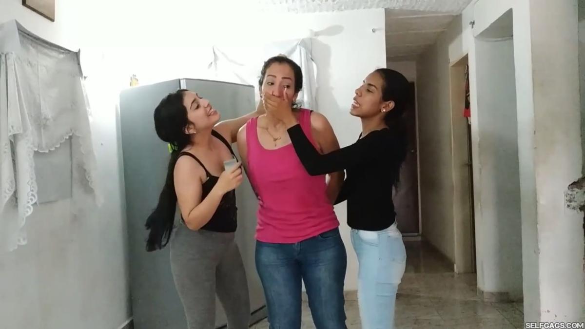 Latina MILF duct tape mummified by lesbian girls