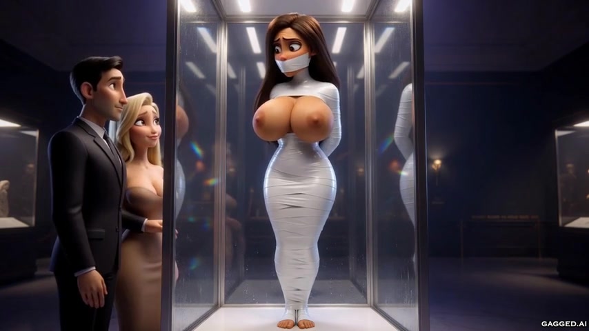 Dark gallery establishing — Evelyn full-body white tape mummy wrap and tape gag in the glass case while a suited man and blonde woman in an evening gown admire the exhibit