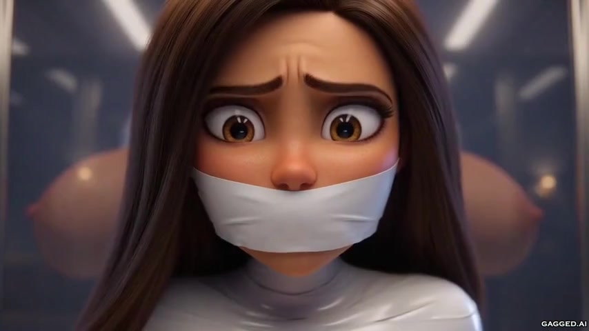 Face close-up — Evelyn’s wide brown eyes above a thick white tape gag, display-case blur behind