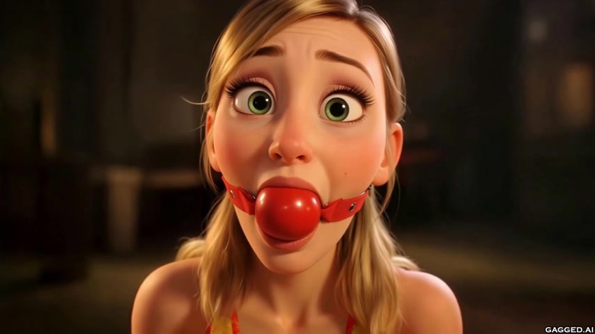 Blonde AI Olivia in a glossy red ball gag — establishing face+gag close-up, dark interior bokeh