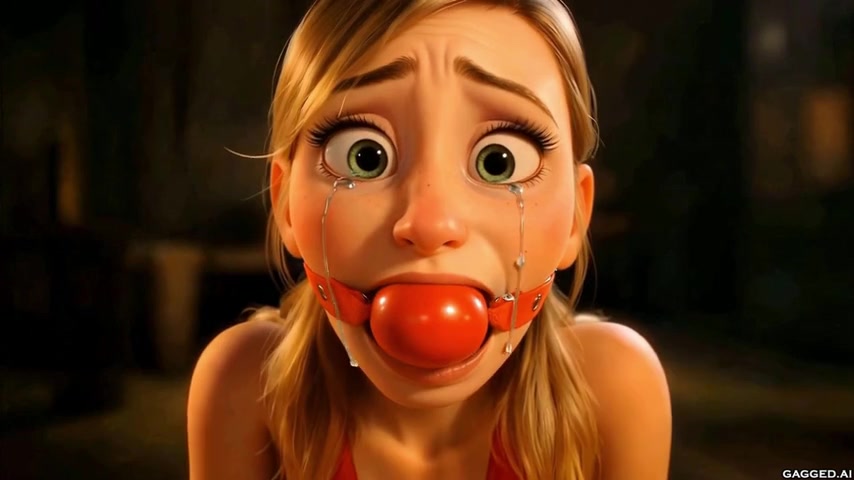 Olivia crying hard in the same red ball gag — tears on cheeks, distressed brows