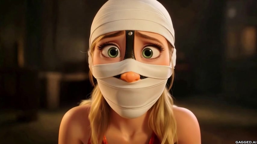 White bandage gag wrapping mouth and forehead — green eyes still pleading through the wrap