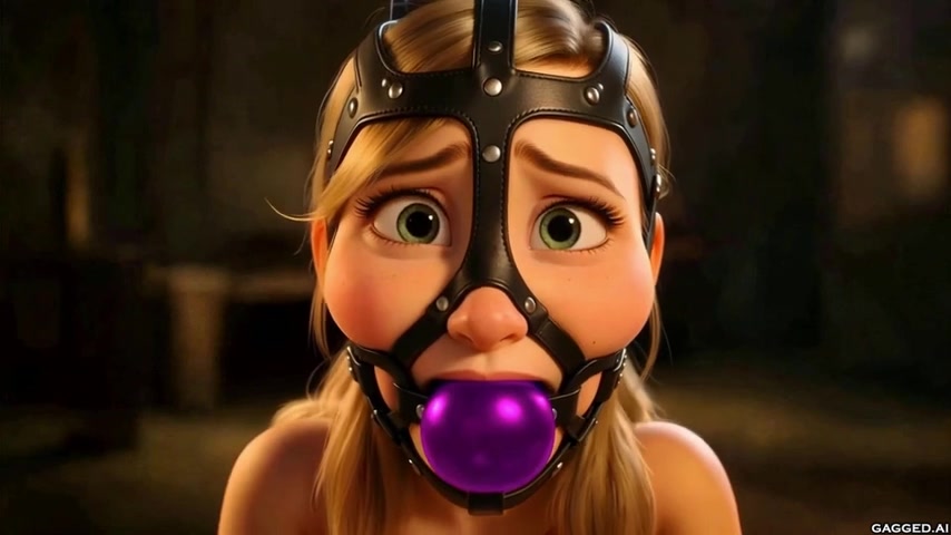 Purple ball gag locked into a riveted black leather head harness on Olivia