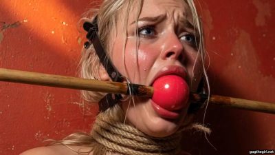 Close-up of tearful blonde damsel with red ball gag and wooden bit forced through her mouth, sweat and tears covering her panicked face