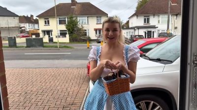 Isla White smiling in cake sale dirndl outfit holding basket outside the wrong house – MilaAmoraBondage