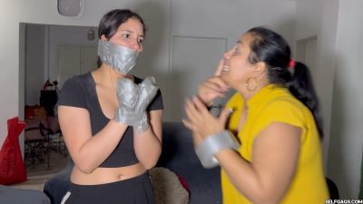 Bratty Nana with duct tape mitts and thick tape gag standing helpless Selfgags