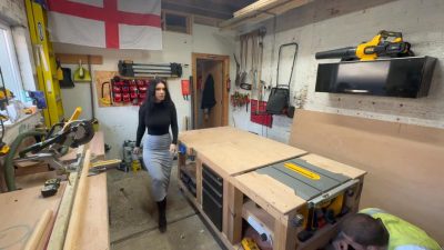 1-tatti-walking-in-workshop-before-tape-tied-tattiroanabondage