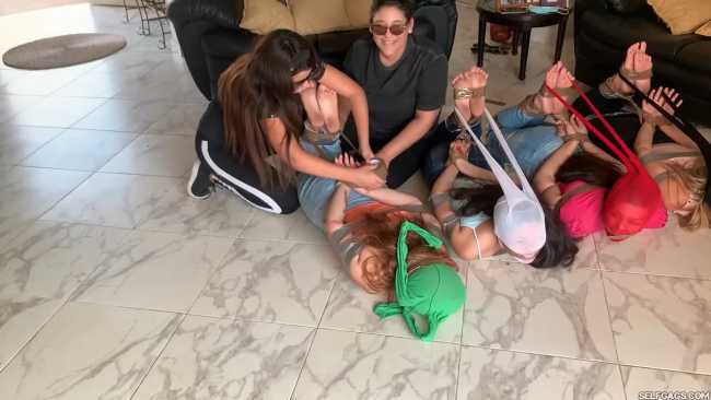 Pantyhose Hooded Girls Hogtied Barefoot By Two Lesbian Mistresses