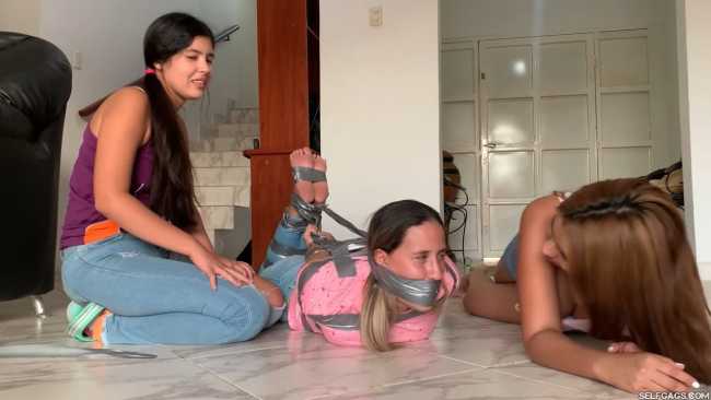 Sexy girl does duct tape bondage escape challenge
