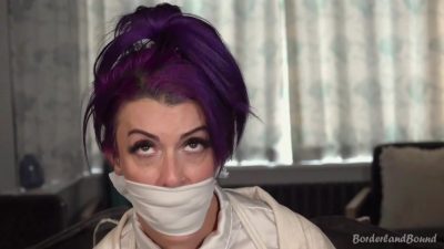 Roxxi cloth CU — purple-updo Roxxi thick white cloth OTM cleave, eyes rolled, white satin collar