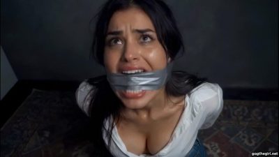 Sweaty brunette duct tape cleave gagged and helpless on the floor, tears streaming down her face