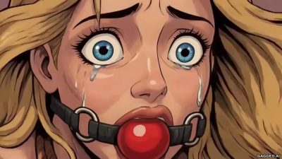 Terror ball-gag face close-up — Camilla’s wide dilated blue eyes and tears above a bright red ball gag (shock/terror beat, distinct from the sorrowful locked face CU)