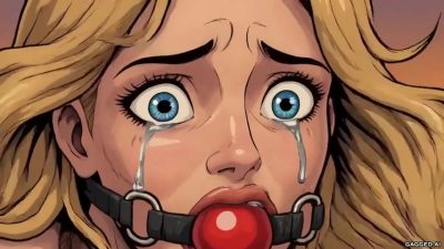 Face close-up — Camilla’s wide blue eyes and tears above a bright red ball gag with black strap and silver rings