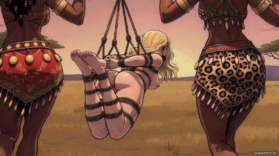 Profile cargo — Camilla’s red ball gag and arched hogtie in side view between the two captors’ backs