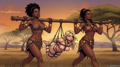 Front pole-cargo establishing — nude Camilla hogtied in brown rope and red-ball-gagged, hanging from a wooden pole carried on the shoulders of two tribal captors across the sunset savanna