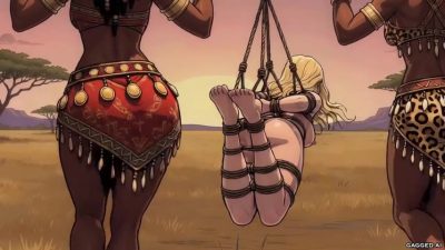Rear bondage view — Camilla’s hogtie and pole-suspension ropes from behind as the captors walk her into the orange horizon