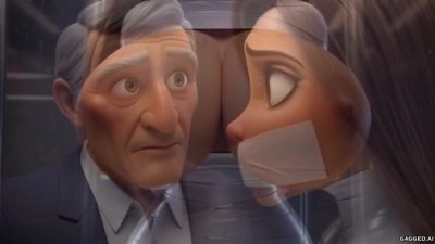 Profile through glass — older suited elite leans in while tape-gagged Evelyn looks back from inside the living-exhibit case