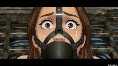 Close-up of Natalie in a studded black harness ball gag – first tear, wide brown eyes