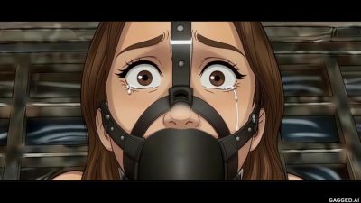 Natalie harness ball-gag close-up with heavier tears – same gag, later distressed beat