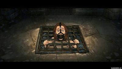 End-of-preview grate shot – Natalie still muzzle-gagged and tearful through the bars