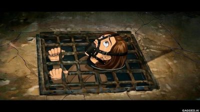 Brunette Natalie Harper harness-muzzle gagged under a dungeon floor grate while blonde Reagan’s red dress and heels stand over the pit