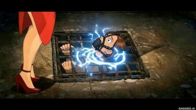 Electro shock beat – blue arcs around Natalie under the grate while Reagan’s red heels stay in frame