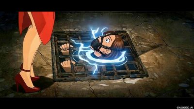 Peak electro swirl around Natalie’s harness muzzle under the grate (later arc beat)