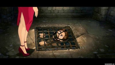 Natalie alone in dark pit water beneath the metal grate – black leather muzzle harness, hands gripping the bars