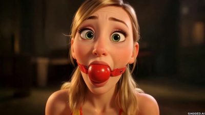 Blonde AI Olivia in a glossy red ball gag — establishing face+gag close-up, dark interior bokeh