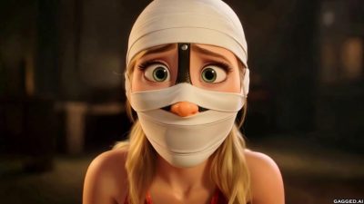 White bandage gag wrapping mouth and forehead — green eyes still pleading through the wrap